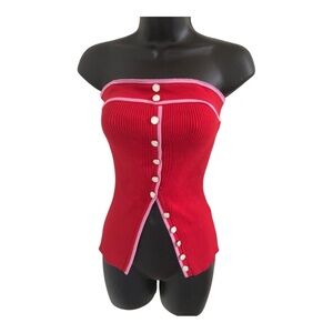 Red pink trim ribbed pearlescent look strapless sweater tube top size Medium new